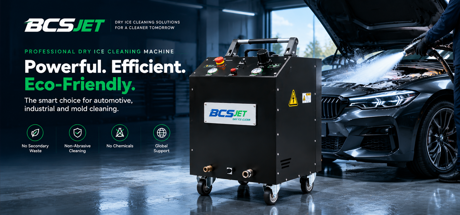 BCSJET dry ice cleaning equipment for automotive and industrial applications.